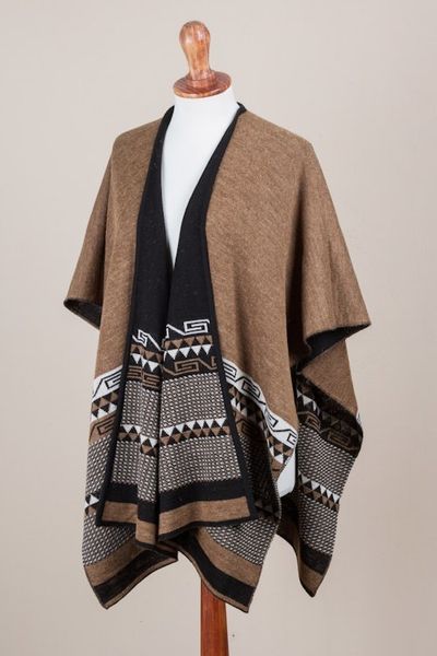Alternate image for Reversible Alpaca Blend Ruana in Black and Golden Brown Incan Kingdom in Golden Brown