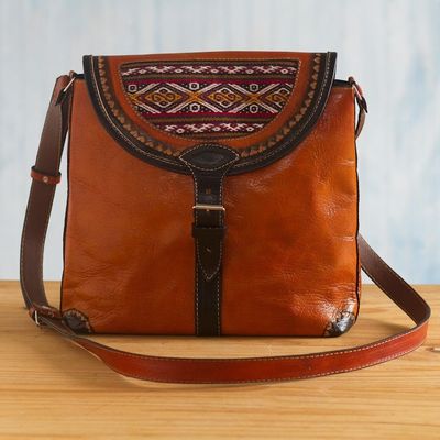 Alternate image for Hand Crafted Orange Leather Shoulder Bag with Wool Accent Solari