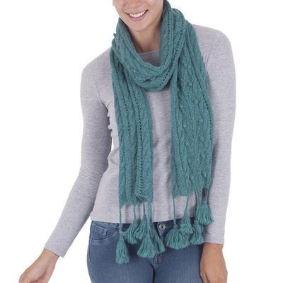 Alternate image for 100 Alpaca Handwoven Scarf with Tassels in Teal from Peru Rainy Night in Teal
