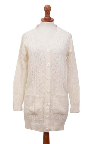 Alternate image for Cable Knit Baby Alpaca Blend Cardigan in Ivory from Peru Comfortable Charm
