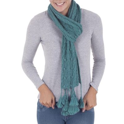 Alternate image for 100 Alpaca Handwoven Scarf with Tassels in Teal from Peru Rainy Night in Teal