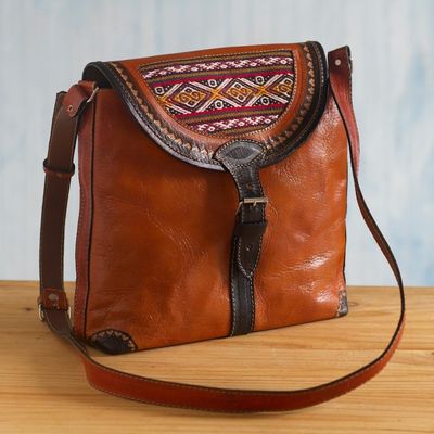 Alternate image for Hand Crafted Orange Leather Shoulder Bag with Wool Accent Solari
