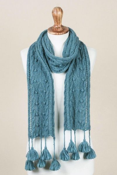 Alternate image for 100 Alpaca Handwoven Scarf with Tassels in Teal from Peru Rainy Night in Teal