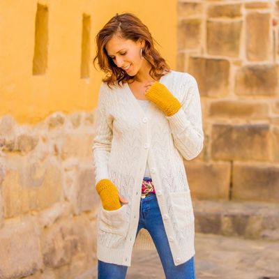 Alternate image for Cable Knit Baby Alpaca Blend Cardigan in Ivory from Peru Comfortable Charm