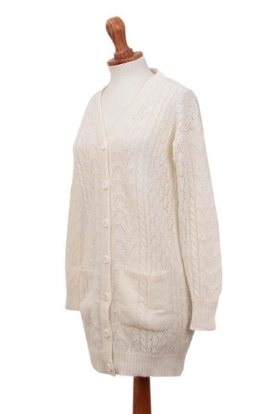 Alternate image for Cable Knit Baby Alpaca Blend Cardigan in Ivory from Peru Comfortable Charm