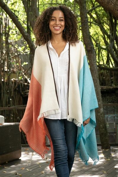 Alternate image for Tri-Color Suede Trimmed 100 Baby Alpaca Ruana from Peru Majestic Combination