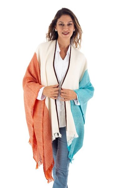 Alternate image for Tri-Color Suede Trimmed 100 Baby Alpaca Ruana from Peru Majestic Combination