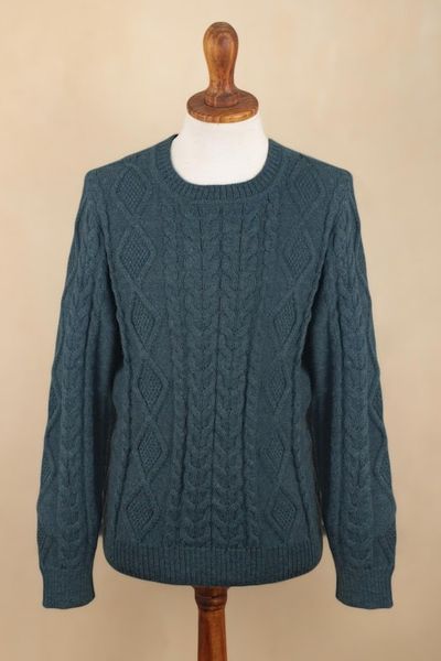 Alternate image for Mens 100 Alpaca Teal Pullover Sweater From Peru Teal Geometry