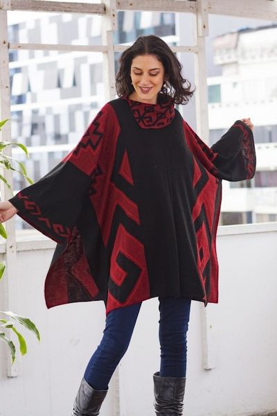 Alternate image for Knit Alpaca Blend Red and Black Poncho Inca Claret