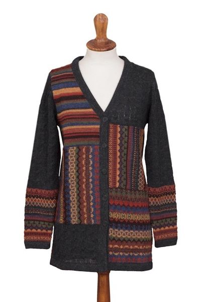 Alternate image for Cable Knit 100 Alpaca Cardigan in Graphite from Peru Patchwork in Graphite