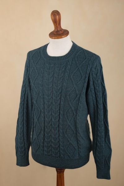 Alternate image for Mens 100 Alpaca Teal Pullover Sweater From Peru Teal Geometry