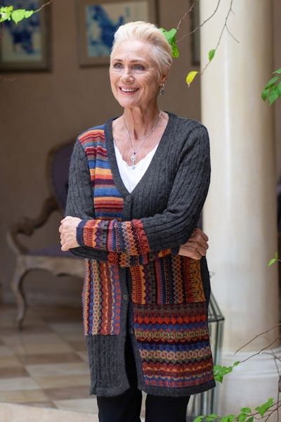 Alternate image for Cable Knit 100 Alpaca Cardigan in Graphite from Peru Patchwork in Graphite