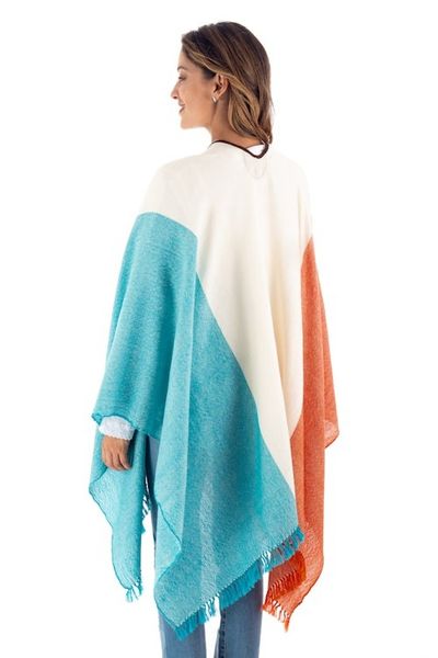 Alternate image for Tri-Color Suede Trimmed 100 Baby Alpaca Ruana from Peru Majestic Combination