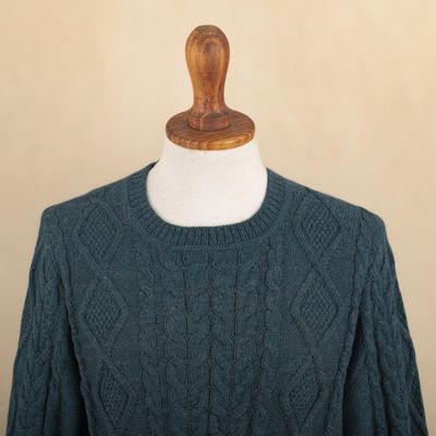 Alternate image for Mens 100 Alpaca Teal Pullover Sweater From Peru Teal Geometry