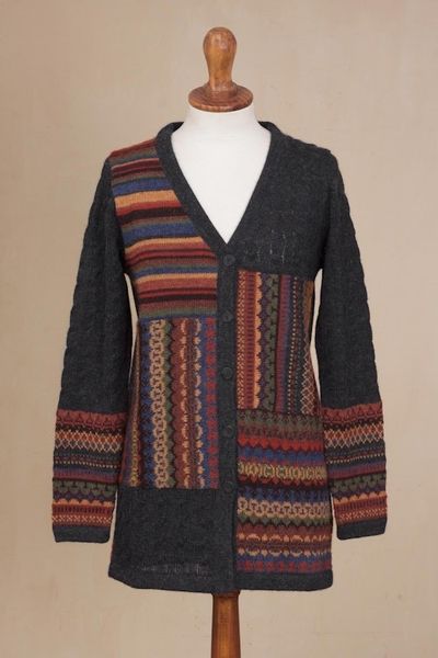 Alternate image for Cable Knit 100 Alpaca Cardigan in Graphite from Peru Patchwork in Graphite