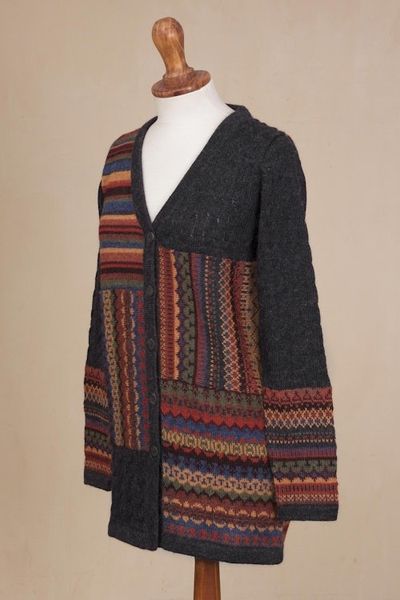 Alternate image for Cable Knit 100 Alpaca Cardigan in Graphite from Peru Patchwork in Graphite