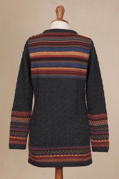 Alternate image for Cable Knit 100 Alpaca Cardigan in Graphite from Peru Patchwork in Graphite