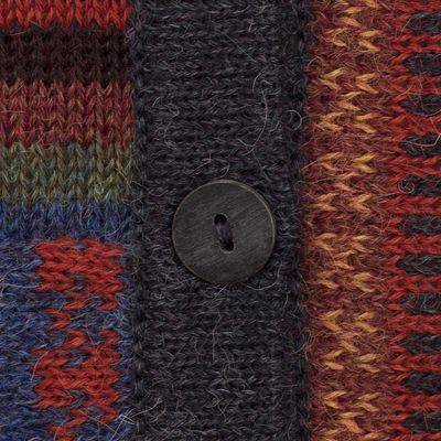 Alternate image for Cable Knit 100 Alpaca Cardigan in Graphite from Peru Patchwork in Graphite