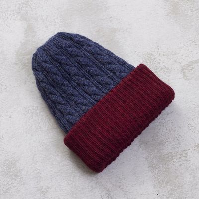 Alternate image for Cranberry and Blue 100 Alpaca Reversible Knit Hat from Peru Warm and Snug