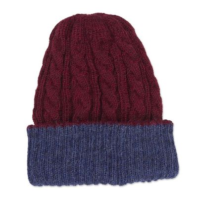 Alternate image for Cranberry and Blue 100 Alpaca Reversible Knit Hat from Peru Warm and Snug