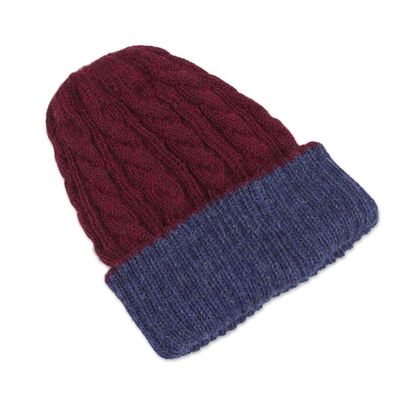 Alternate image for Cranberry and Blue 100 Alpaca Reversible Knit Hat from Peru Warm and Snug