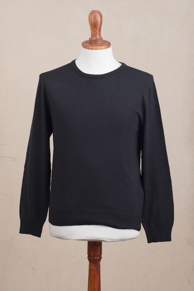 Alternate image for Mens Crew Neck Cotton Blend Pullover in Black from Peru Classic Warmth in Black