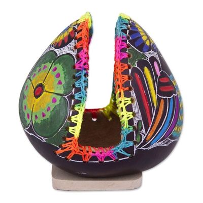 Alternate image for Colorful Bird and Flowers Hand Painted Gourd Napkin Holder Birdsong Garden