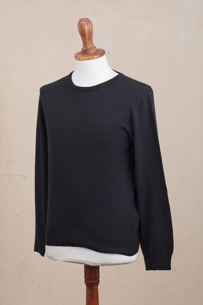 Alternate image for Mens Crew Neck Cotton Blend Pullover in Black from Peru Classic Warmth in Black