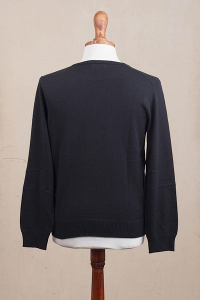 Alternate image for Mens Crew Neck Cotton Blend Pullover in Black from Peru Classic Warmth in Black