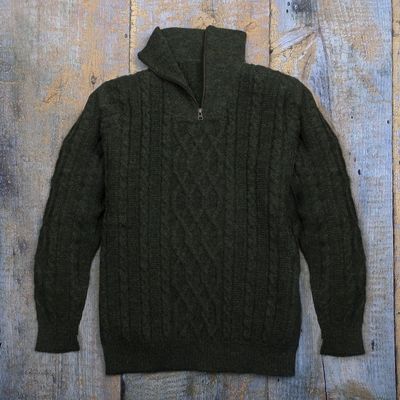 Alternate image for Mens Zip-Neck Alpaca Sweater Woodland Walk in Moss