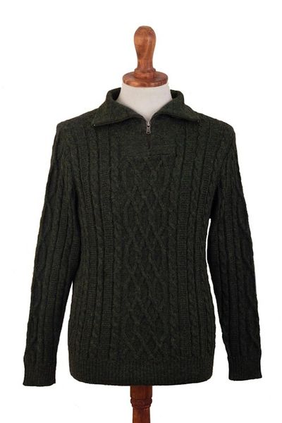 Alternate image for Mens Zip-Neck Alpaca Sweater Woodland Walk in Moss