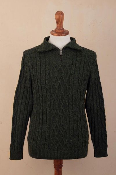 Alternate image for Mens Zip-Neck Alpaca Sweater Woodland Walk in Moss