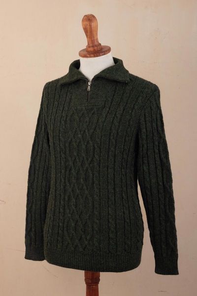 Alternate image for Mens Zip-Neck Alpaca Sweater Woodland Walk in Moss