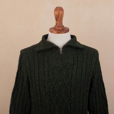 Alternate image for Mens Zip-Neck Alpaca Sweater Woodland Walk in Moss