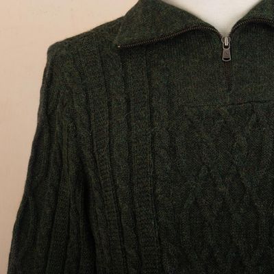 Alternate image for Mens Zip-Neck Alpaca Sweater Woodland Walk in Moss