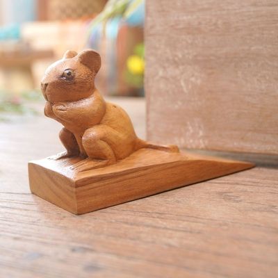 Alternate image for Hand Carved Suar Wood Mouse Door Stopper in Brown from Bali Charming Mouse in Brown