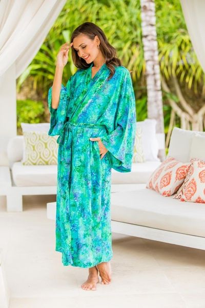 Alternate image for Green and Blue Tie-Dye and Batik Rayon Belted Robe Ocean Jungle