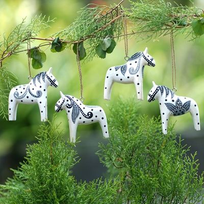 Alternate image for 4 Wood White Dala Horse Ornaments Carved Painted by Hand Dala Courage