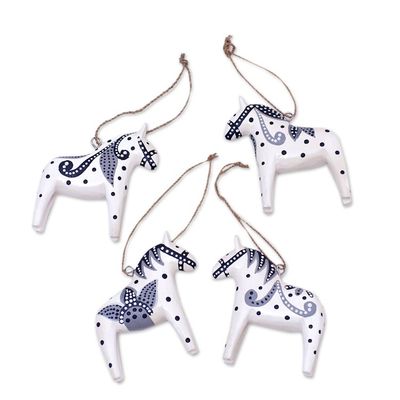 Alternate image for 4 Wood White Dala Horse Ornaments Carved Painted by Hand Dala Courage