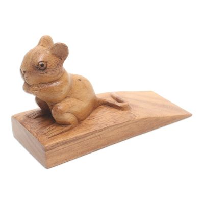 Alternate image for Hand Carved Suar Wood Mouse Door Stopper in Brown from Bali Charming Mouse in Brown