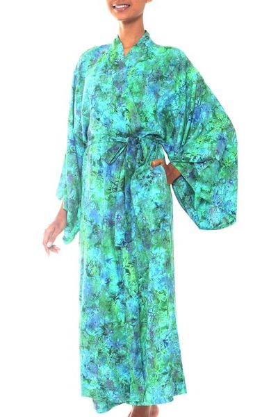 Alternate image for Green and Blue Tie-Dye and Batik Rayon Belted Robe Ocean Jungle