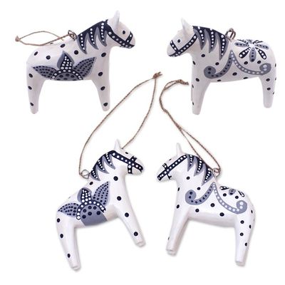 Alternate image for 4 Wood White Dala Horse Ornaments Carved Painted by Hand Dala Courage