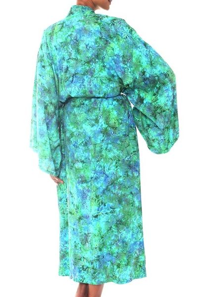 Alternate image for Green and Blue Tie-Dye and Batik Rayon Belted Robe Ocean Jungle