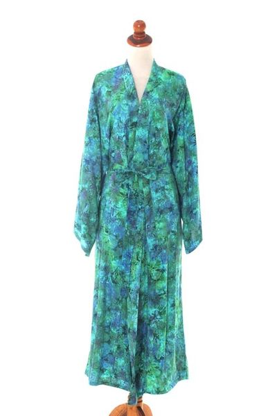 Alternate image for Green and Blue Tie-Dye and Batik Rayon Belted Robe Ocean Jungle
