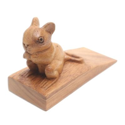 Alternate image for Hand Carved Suar Wood Mouse Door Stopper in Brown from Bali Charming Mouse in Brown