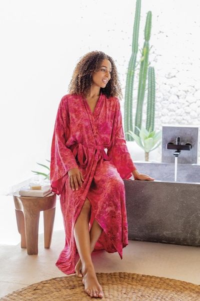 Alternate image for Batik Rayon Robe in Rose and Berry Pink from Bali Batik Blush