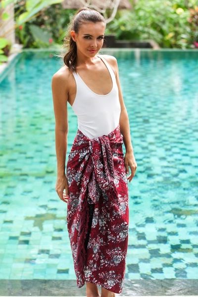 Alternate image for Red Floral Rayon Sarong with Hand Stamped Batik Pattern Tropical Garden in Claret