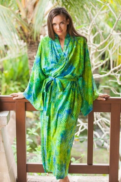 Alternate image for Blue and Green Rayon Batik Leafy Garden Long Sleeved Robe Leafy Haven