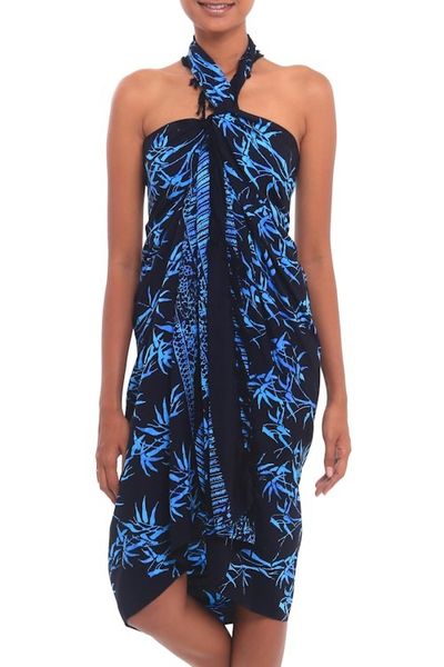 Alternate image for Batik Rayon Sarong in Black and Blue from Bali Leafy Memories