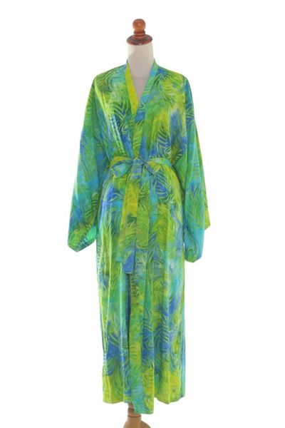 Alternate image for Blue and Green Rayon Batik Leafy Garden Long Sleeved Robe Leafy Haven